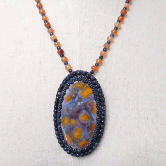 Artisan Cabochon Necklace on Carnelian and Sodalite - Picture 5 of 13